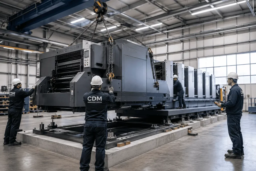 Warum professionelle Druckmaschinenmontage entscheidend ist Montage von industriellen Druckmaschinen bei CDM